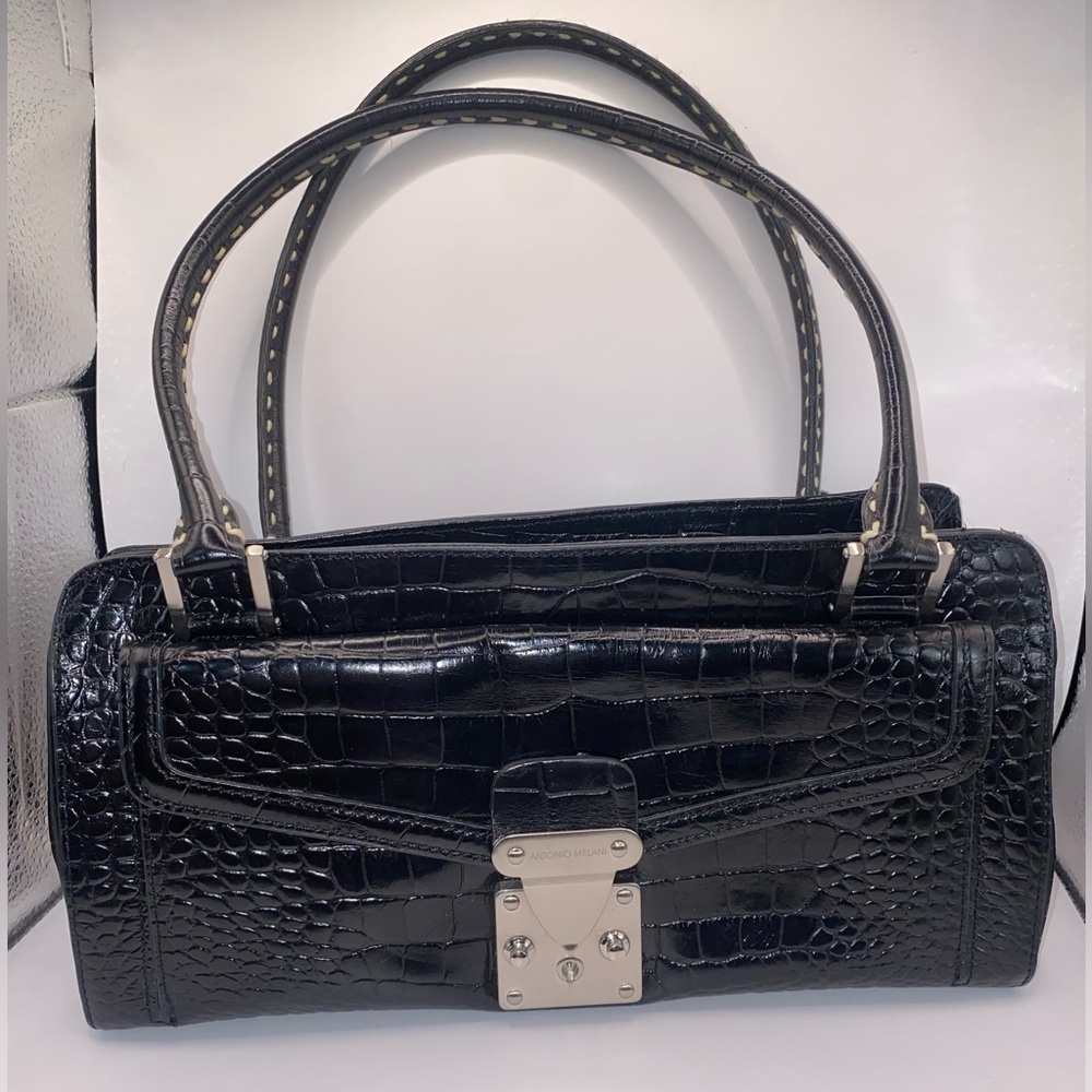 ANTONIO MELANI‎ Black Crocodile Embossed Shoulder Bag